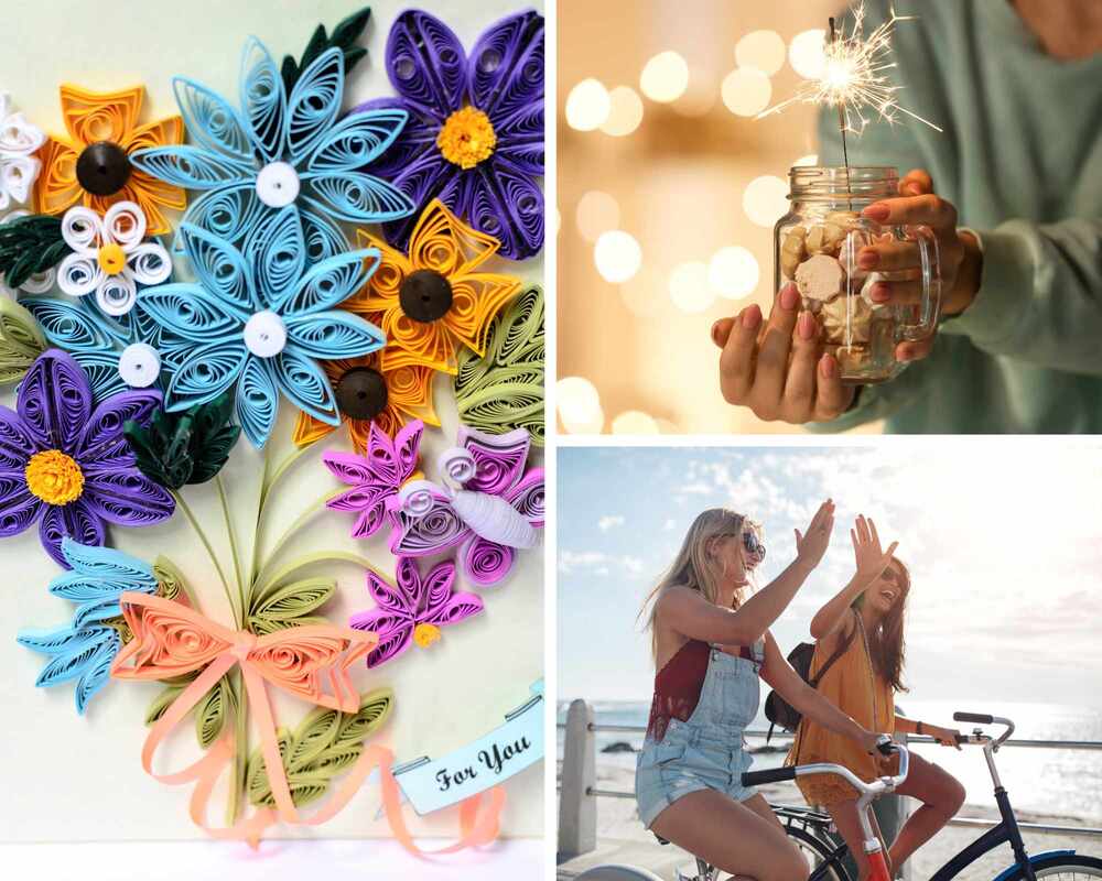 Collage of: Paper flowers, cookies in a mason jar, and two women riding bikes