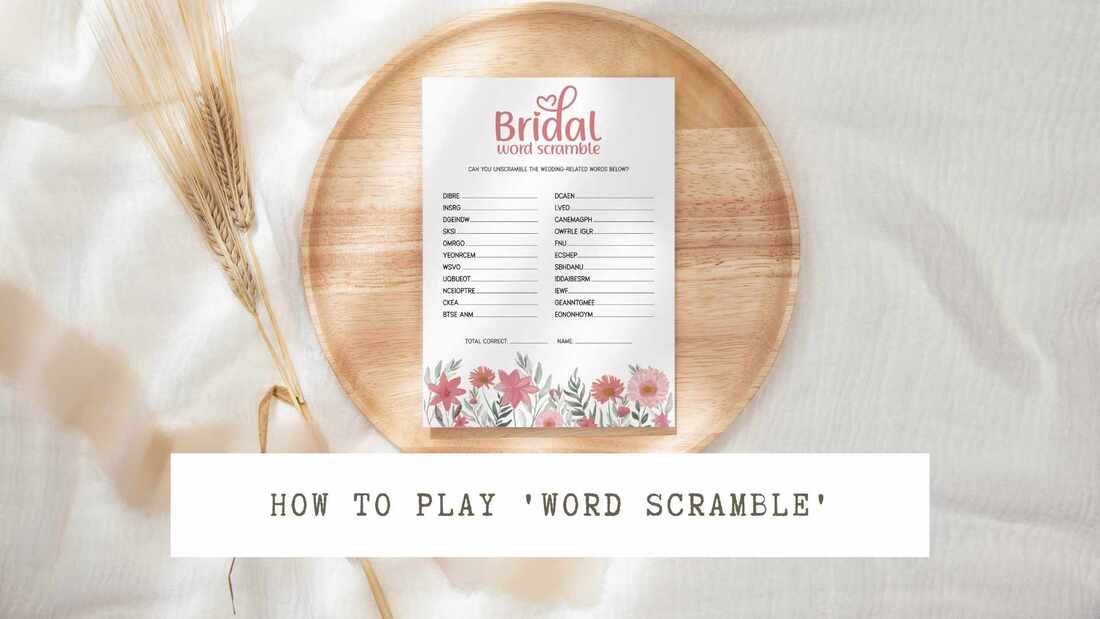 A bridal word scramble game card on a bamboo plate. Text overlay: How to play word scramble