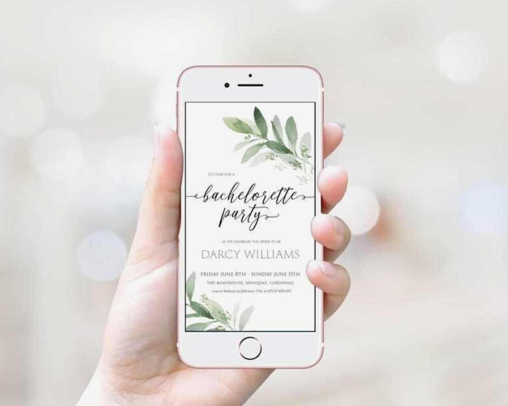 Digital bachelorette invitation being shown on a phone. There is a person's hand holding the phone.