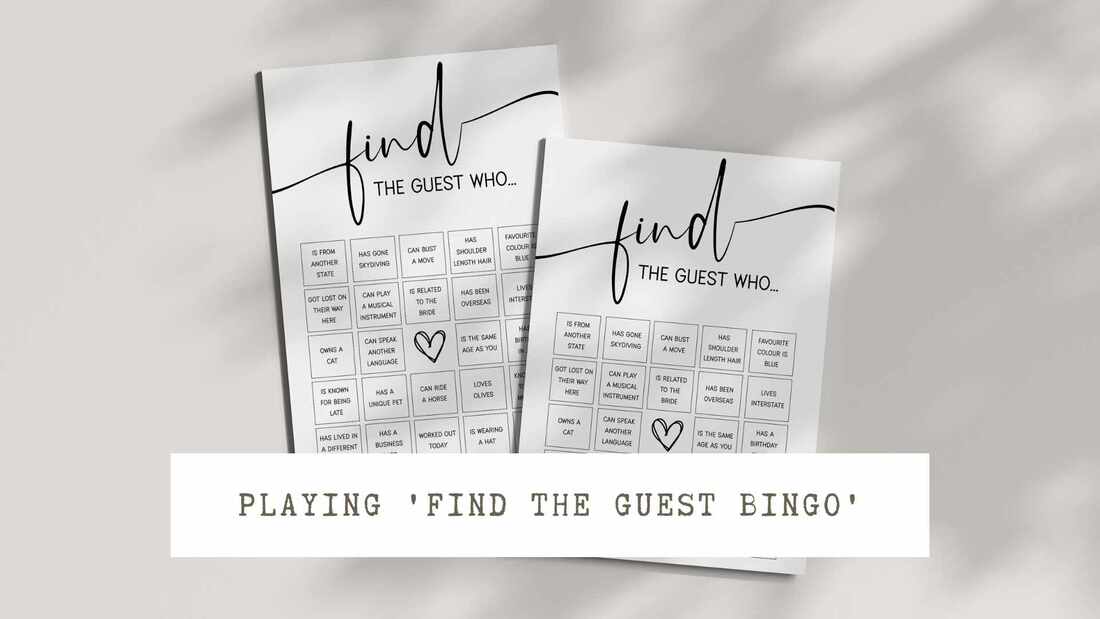 Minimalist find the guest bingo cards. Text overlay: Playing 'find the guest bingo'