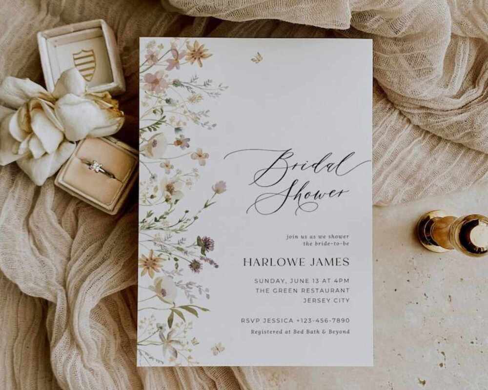 Bridal Shower invitation placed on a table. Next to the invitation is a ring in a box, a flower and a table runner