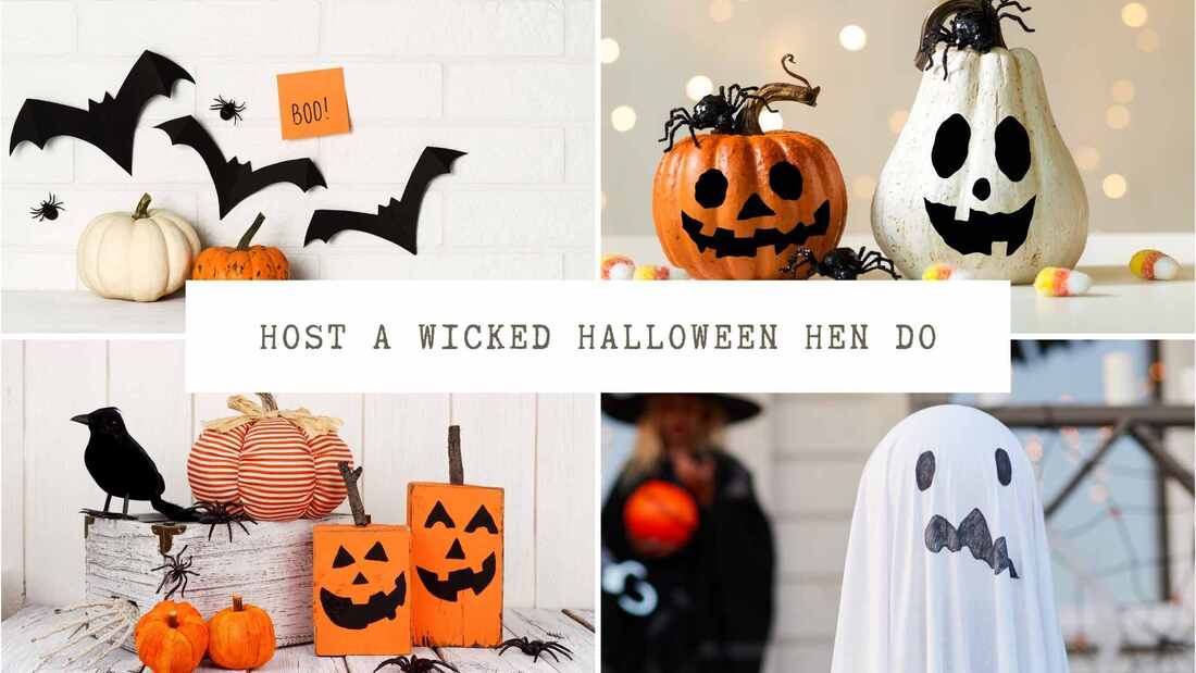 Collage of Halloween items such as pumpkins. Text overlay: Host a wicked Halloween hen do