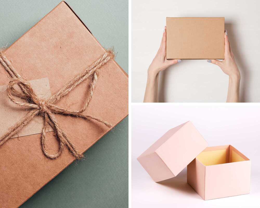 Collage: One image a box wrapped with twine, one a person holding a cardboard box, and another is a pink box with lid