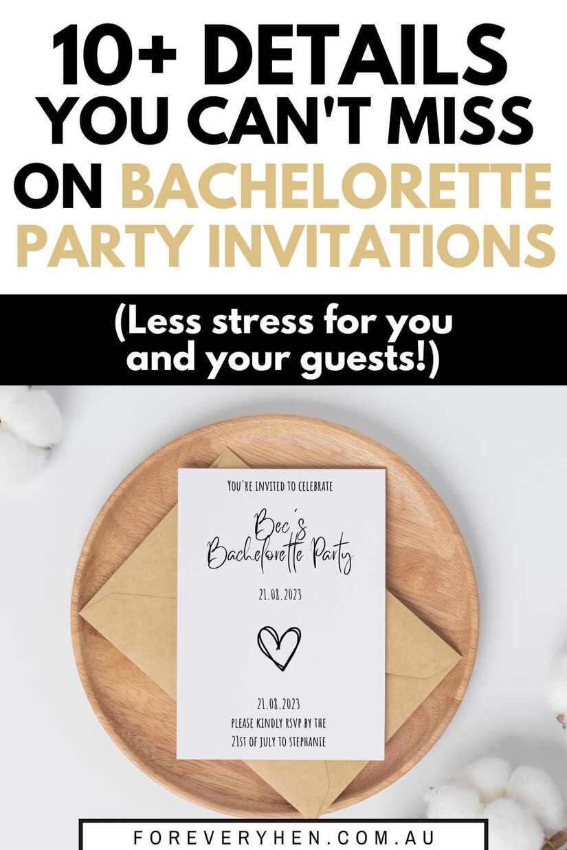 Image of a bachelorette party invitation. Text overlay: 10+ details you can't miss on Bachelorette party invitations (less stress for you and guests!)
