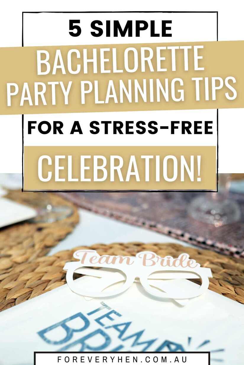 Team bride sunglasses and plate on a placemat. Text overlay: 5 simple Bachelorette party planning tips for a stress free celebration!