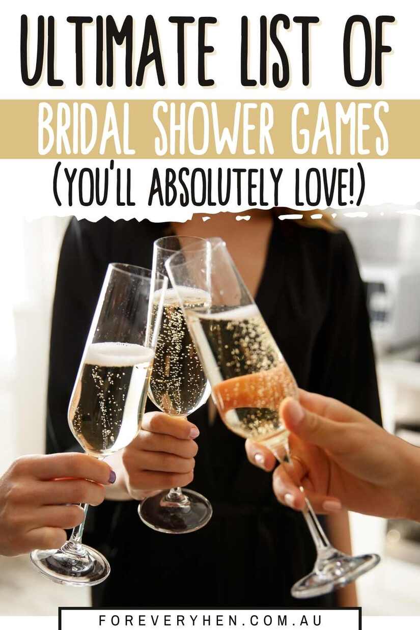 Woman doing a 'cheers' with three champagne glasses. Text overlay: Ultimate list of bridal shower games (you'll absolutely love!)