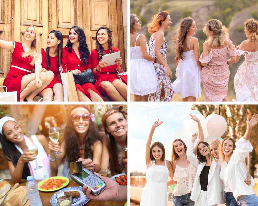 Relaxed Hen Do Ideas Collage - women wearing red and smiling, women walking and talking, women with wine, and women hugging with balloons