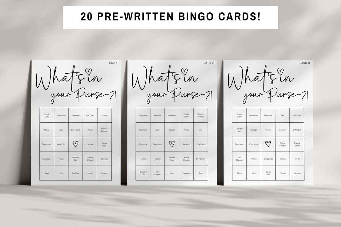 Dreamy themed What's In Your Purse Bingo Game - 20 Pack